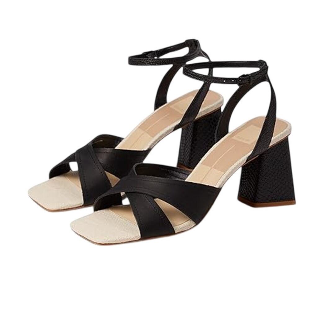 Dolce Vita Womens Tiki Heeled Sandals Size 8.5 M Black Embossed Leather NIB